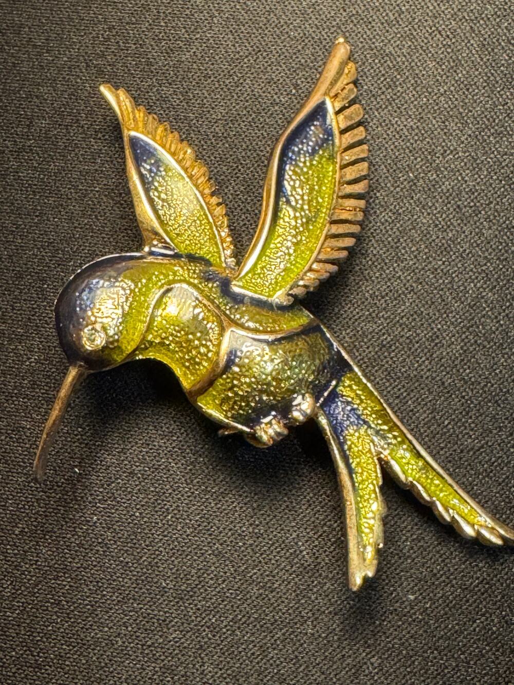 Gold Tone Hummingbird Brooch Blue and Green Enamel